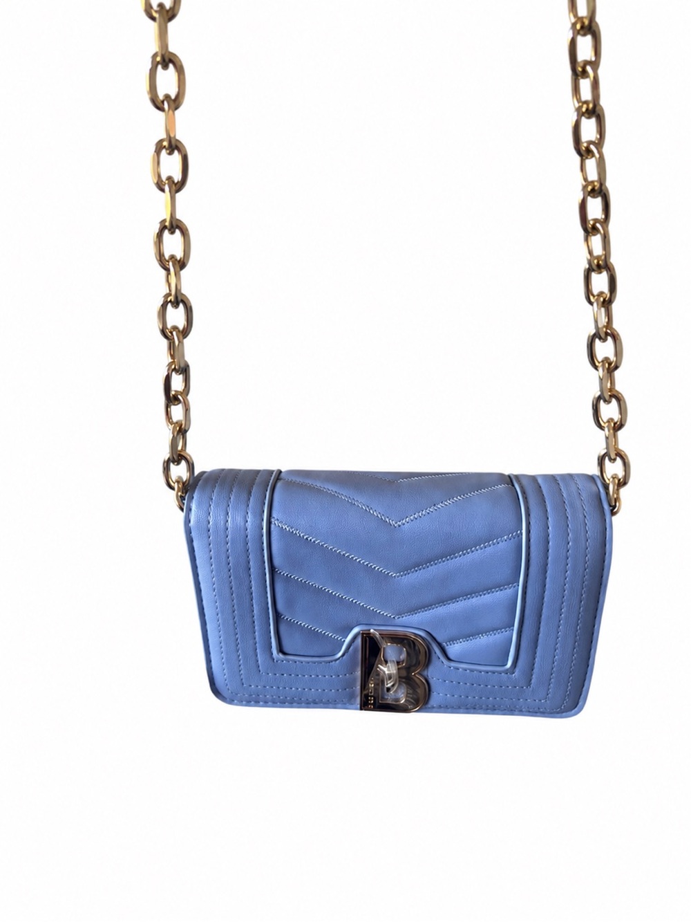 BeBe Quilted Chevron Crossbody in Blue with Gold Chain